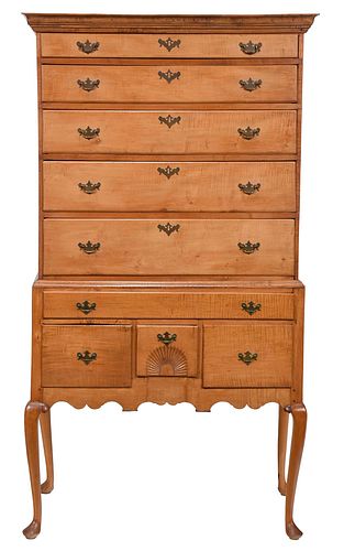 American Queen Anne Tiger Maple High Chest of Drawers