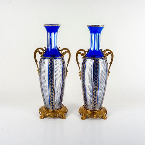Pair of Antique Bohemian Cut Crystal Centerpiece Vases