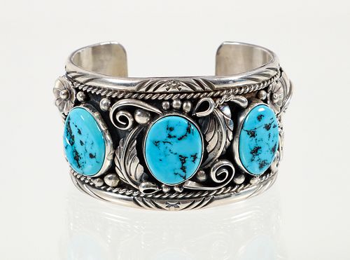 Sterling Floral Turquoise Bangle Bracelet