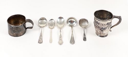 Five Sterling Silver Serving Spoons and Two Silver Cups 