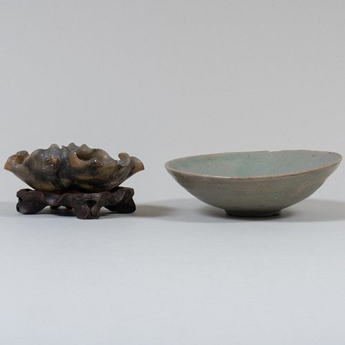 Chinese Celadon Glazed Pottery Bowl and a Hardstone Brush Washer