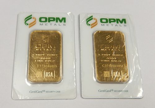 (2) OPM Metals Fine Gold 1 Troy Ounce Bars.
