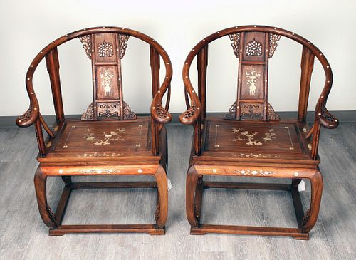 HORSESHOE BACK HUANGHUALI CHAIRS WITH INLAID DECORATION