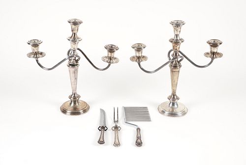 Pair weighted Sterling Candlesticks and Items with sterling handles