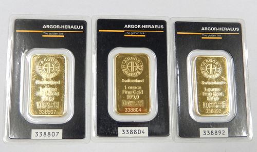 (3) Argor Heraeus 1 Troy Ounce Fine Gold Bars.