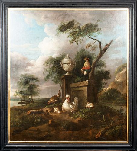 GARDEN SCENE WITH VARIOUS FOWL OIL PAINTING