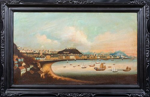  CHINESE EXPORT TRADE PORT MACAO CHINA LANDSCAPE OIL PAINTING