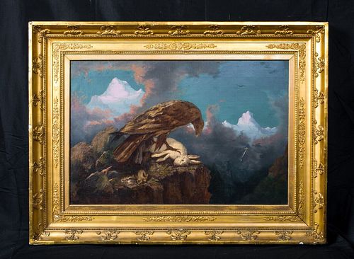  EAGLE & RABBIT IN THE ALPS OIL PAINTING