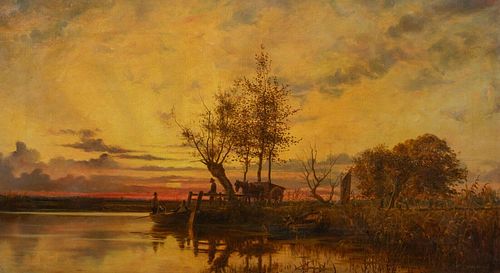  SUNSET RIVER FERRY CROSSING LANDSCAPE OIL PAINTING