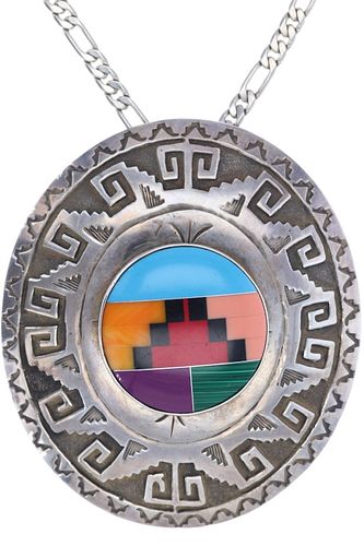 Zuni Sterling Silver Inlaid Mosaic Necklace c 1960