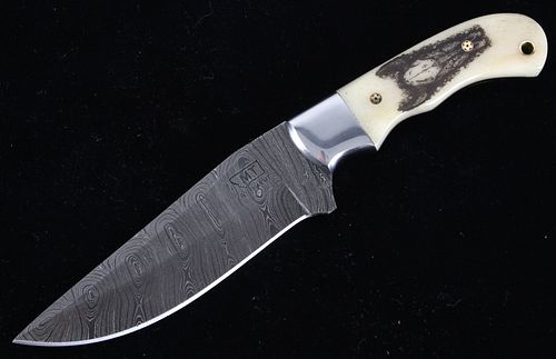 Montana Buffalo Skull Scrimshaw Damascus Knife