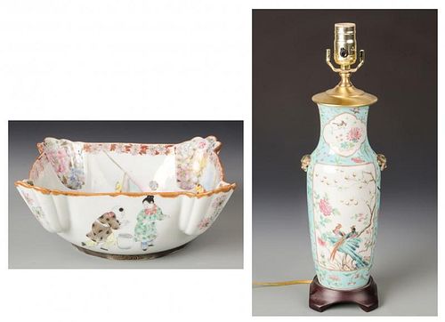 Asian Porcelain Estate Grouping: Lamp and Antique Bowl