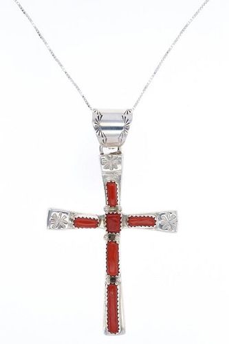 Zuni C. Iule Red Coral Cross & Sterling Necklace