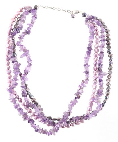 Amethyst & Purple River Pearl Four Strand Necklace
