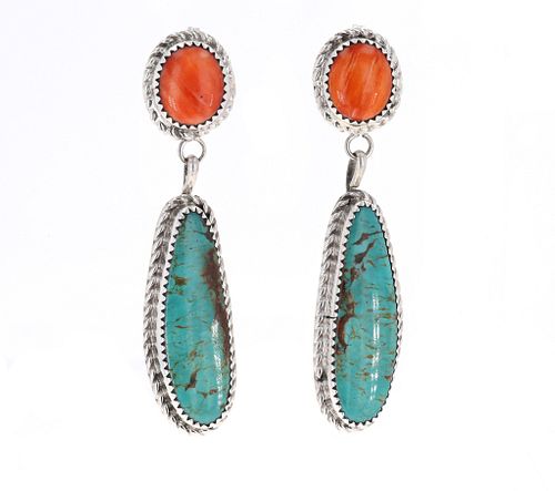 Navajo Spiny Oyster, Turquoise & Sterling Earrings