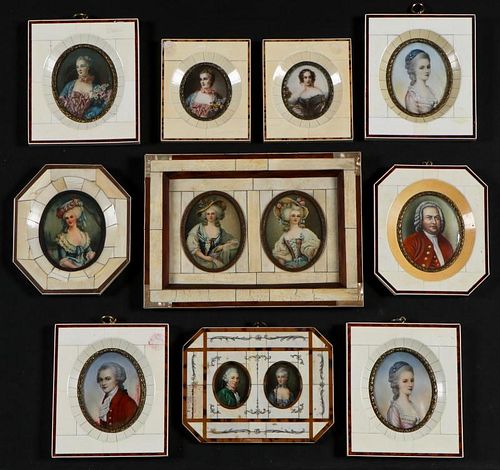 19th C Miniature Portraits in Bone and Tortoise Veneer Frames