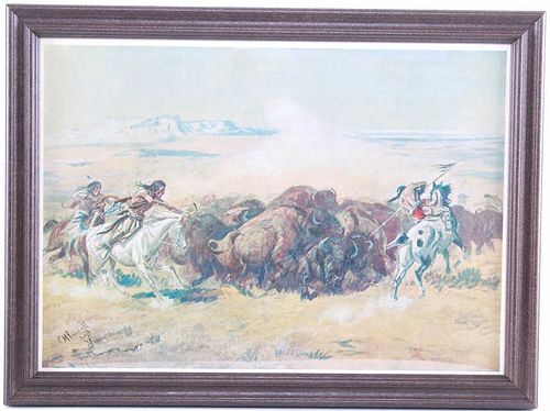 C. M. Russell Framed Print "Mandan Buffalo Hunt"