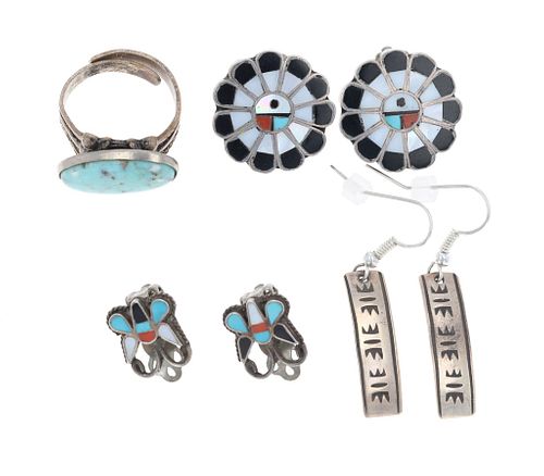 Navajo Multistone Inlay Earrings & Turquoise Ring