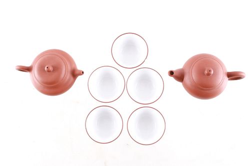 Two Hongni Shuiping Teapots and Cup Set Pre-1977
