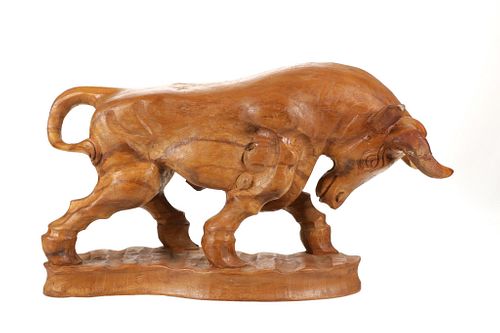 Large Hand Carved Wooden Bull Statue