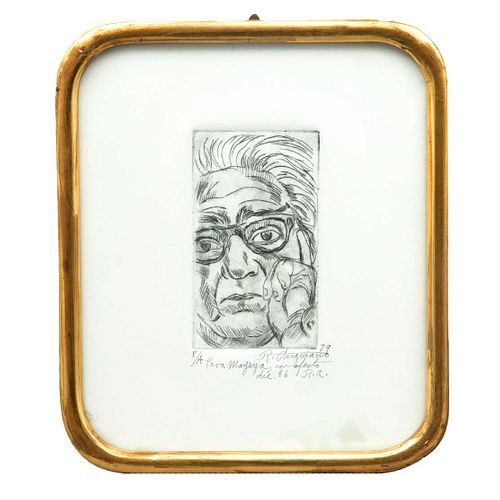 RAÚL ANGUIANO (Guadalajara, Jalisco, 1915 - Ciudad de México, 2006), Sin título (retrato), Firmado y fechado 79 Grabado a la punta s...