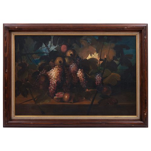 M. RUIZ. Bodegón con uvas y granadas. Firmado. Óleo sobre tela.  Enmarcado. 60 x 90 cm.
