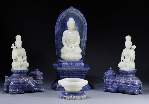 SET OF HETIAN JADE CARVED THREE BUDDHA PATTERN WITH BASE