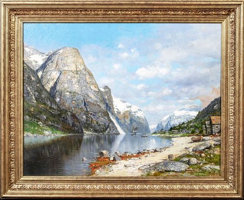  VIEW OF A NORWEGIAN FJORD OIL PAINTING