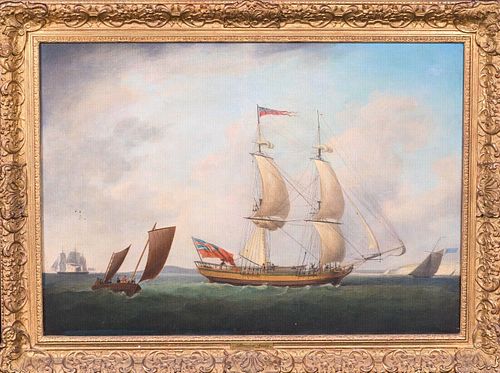 SHIPS SAILING OFF THE COAST OIL PAINTING