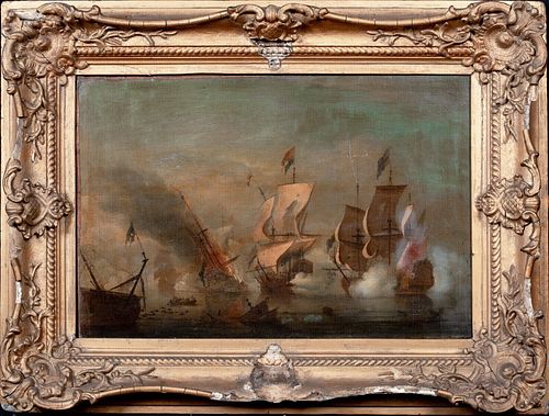 BRITISH ROYAL NAVY AND DUTCH SHIPS OIL PAINTING