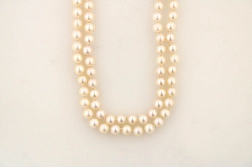 Double Strand 7MM Pearl Necklace Diamond Clasp