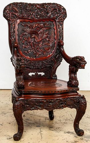 Chinese Carved Wood Dragon Throne Chair