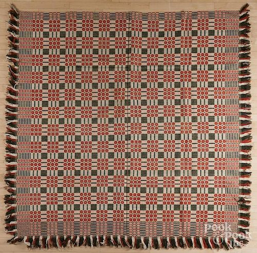 Green, red, and white coverlet, ca. 1840, 88'' x 84''.