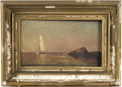 Oil on canvas seascape, 19th c., with a rocky shoreline, sailboats, and a man in a rowboat, 8'' x 14''