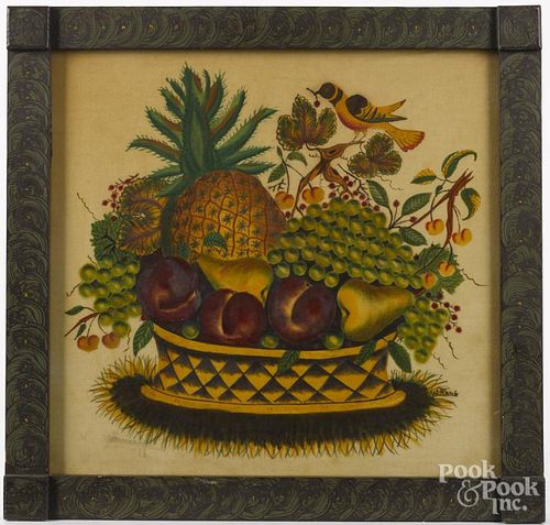 William Rank (American 1921-2000), oil on velvet theorem of a bird perched on a fruit basket