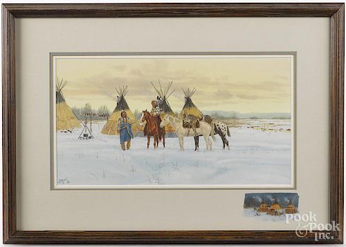 Ron Stewart (American 1941-), watercolor on paper of Native American Indians in camp, 10'' x 18''.