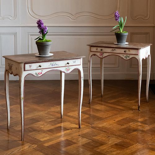 Pair of Louis XV Style Faux Marble and Polychrome Painted Side Tables