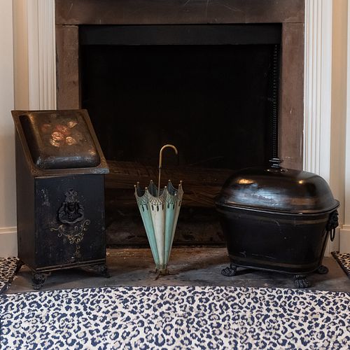 Two Black Painted Tole Coal Scuttles and a Tole Umbrella Stand