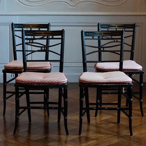 Four Victorian Ebonized, Parcel-Gilt, and Rush Side Chairs