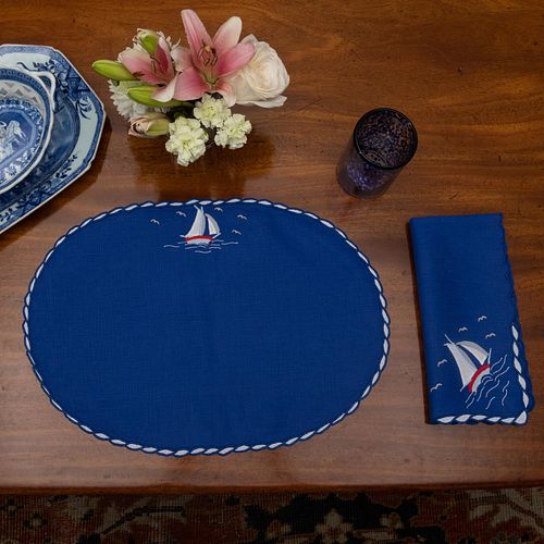Set of Linens Embroidered with Sailboats