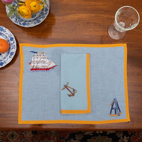 Group of Linens Embroidered with a Clipper Ship