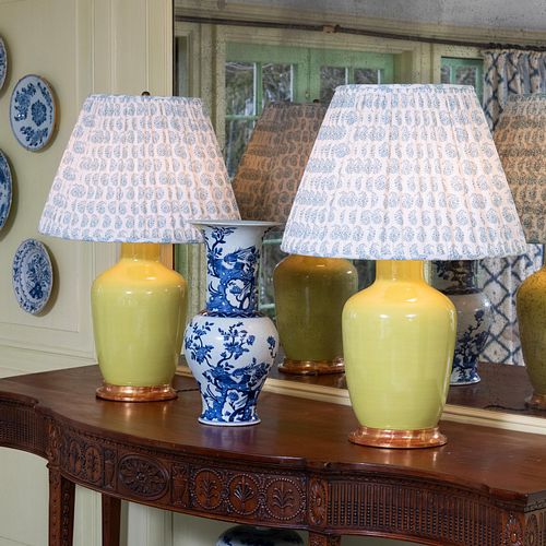 Pair of Chartreuse Glazed Porcelain Lamps