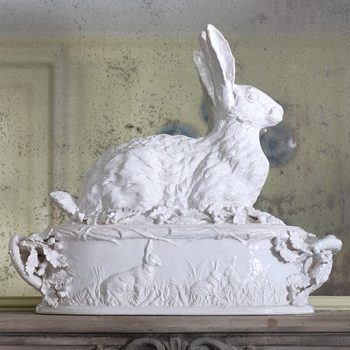 Jean-Paul Gourdon White Glazed Ceramic Rabbit Tureen and Cover