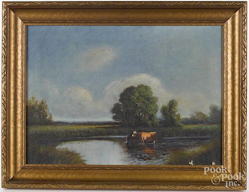 William Curry (American 19th c.), oil on canvas landscape with cows, titled Summer Day, signed