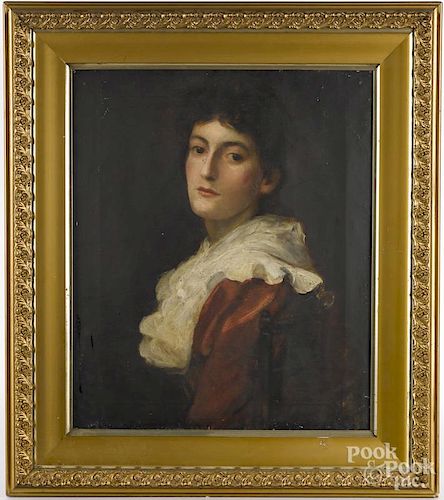 Attributed to Herman Herkomer (American 1862-1935), oil on canvas portrait of a woman, 24'' x 20''.