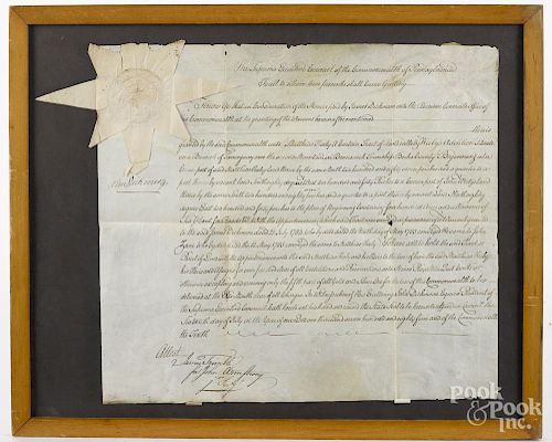 Pennsylvania ink on vellum land grant, dated 1785, signed John Dickinson, 14'' x 16''.