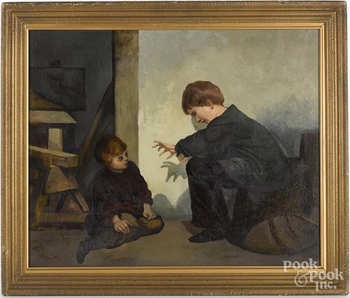 Oil on canvas of two street urchins, ca. 1900, 22'' x 27''.