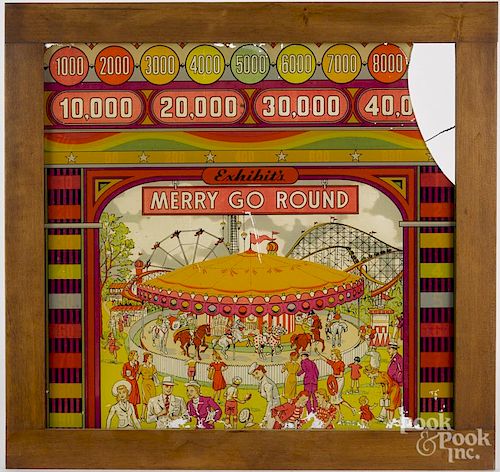 Pinball machine plate glass, 20th c., with image of Merry Go Round, 19'' x 20 1/2''.