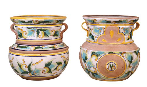Two Nearly Identical Monumental Majolica Planters