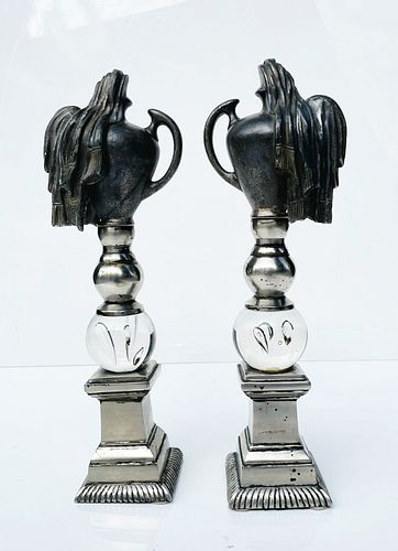 Pair of Cast Metal Urns On Pedestals and GlassOrbs